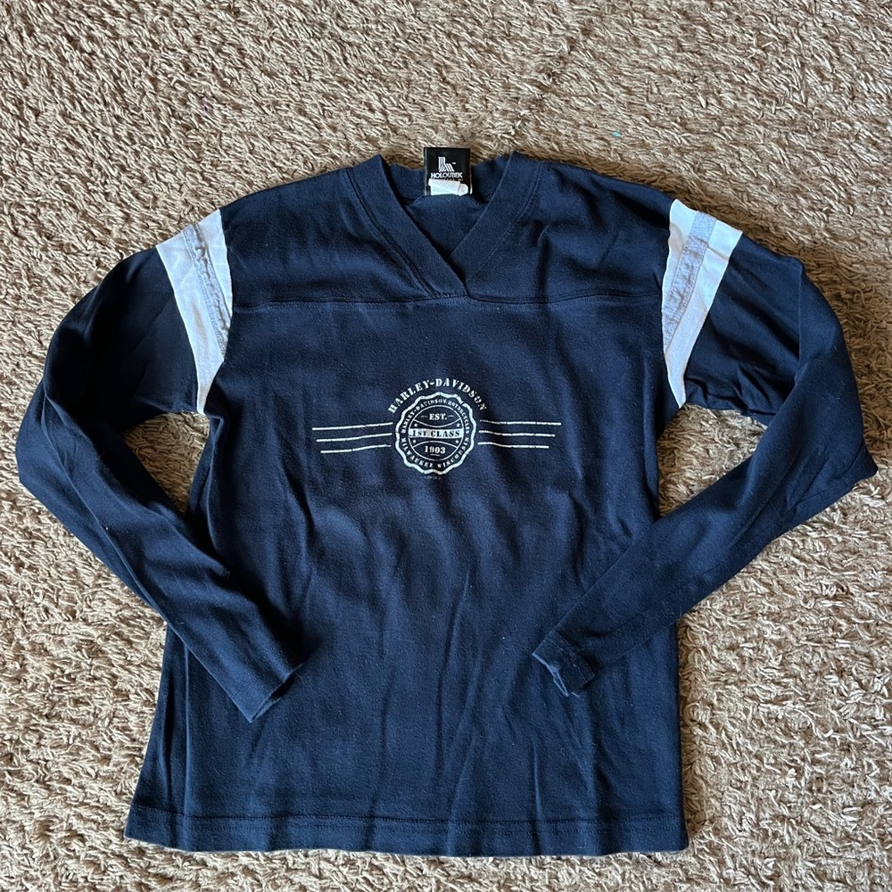 Women’s Harley Davidson blue long sleeve v neck T-shirt